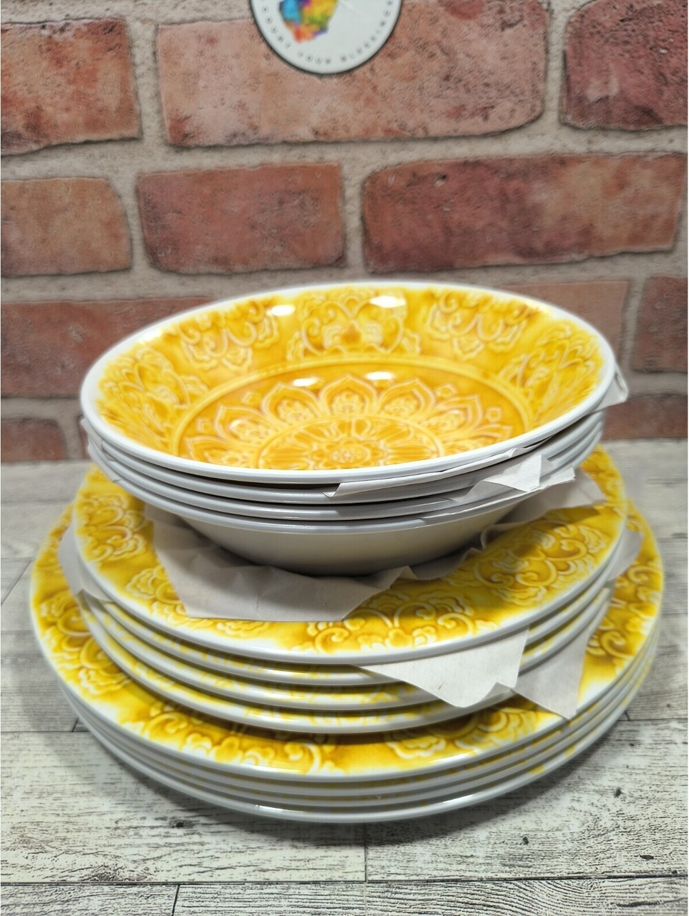 Amazon Basics 12 PC Melamine Dinnerware Set Faded Glaze Yellow Service For 4 NEW